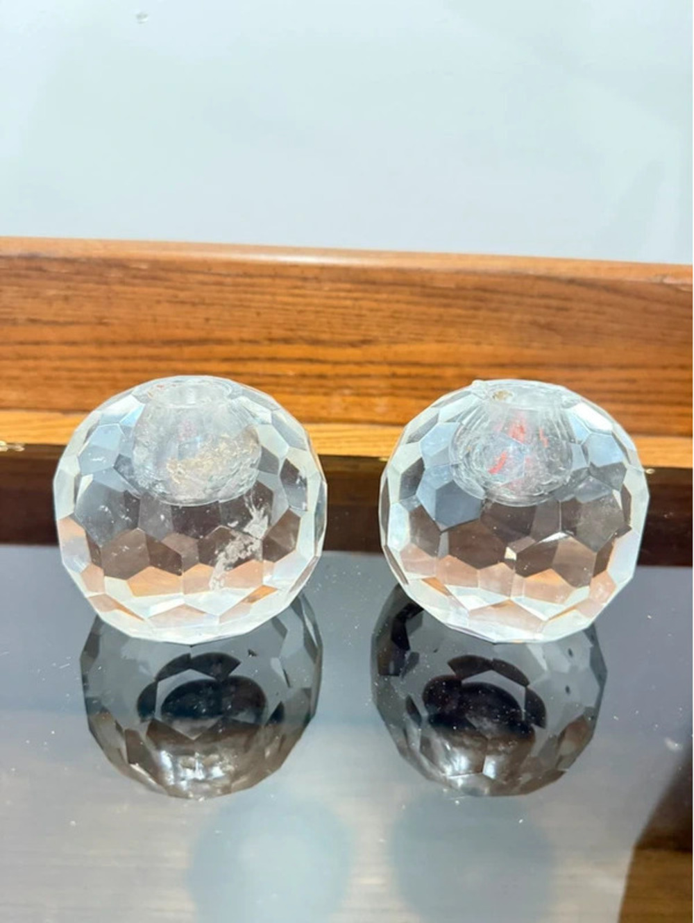 Vintage Faceted Crystal Ball Candle Holders Clear Glass Pair